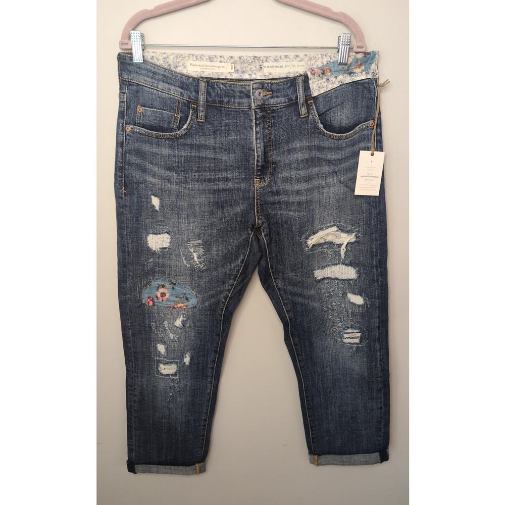 NWT Pilcro Anthropologie Slim Boyfriend Floral Patch Jeans 31 Petite